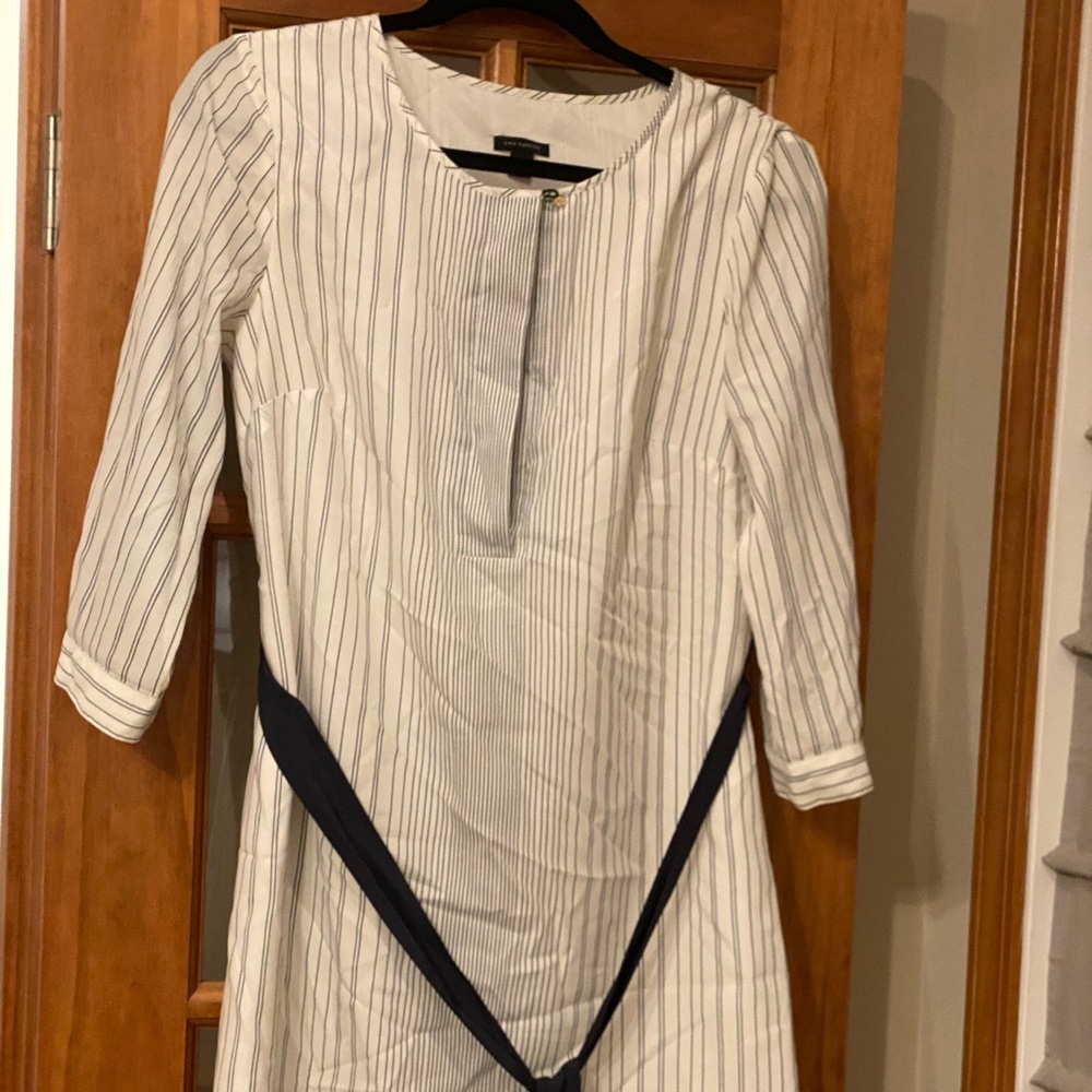 Belted white and blue Ann Taylor dress